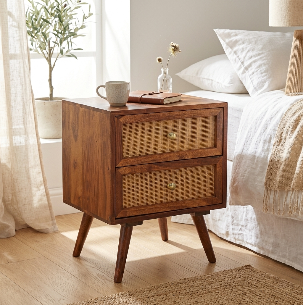 Modern solid wood bedside table with woven rattan drawers and tapered legs beside a contemporary bedroom bed
