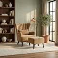Camel beige upholstered wingback accent chair with footrest