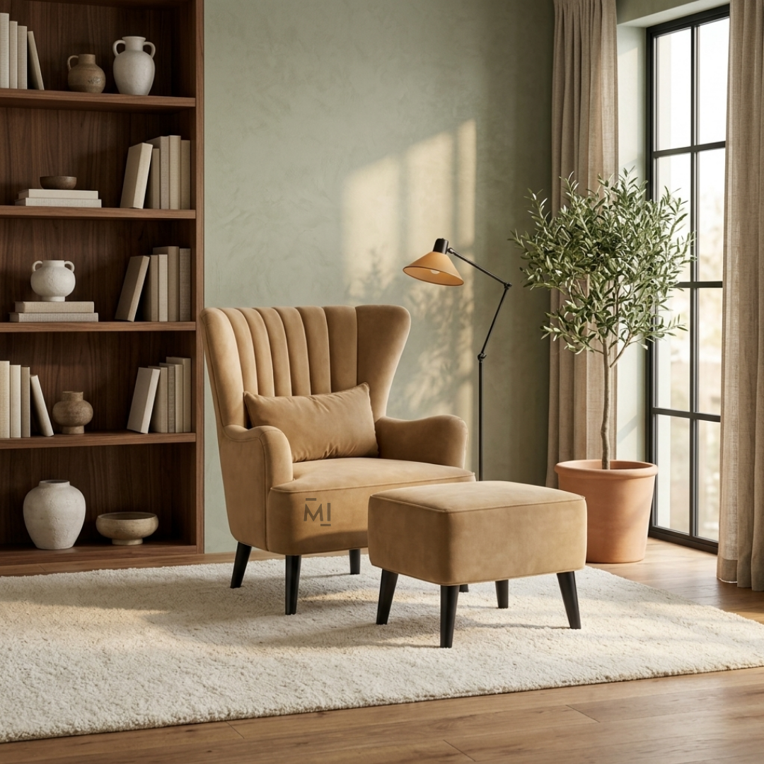 Camel beige upholstered wingback accent chair with footrest