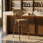 Bentwood upholstered bar chair with curved wooden arms