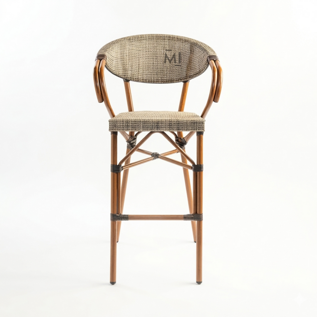 Modern cane style counter stool with fabric upholstery