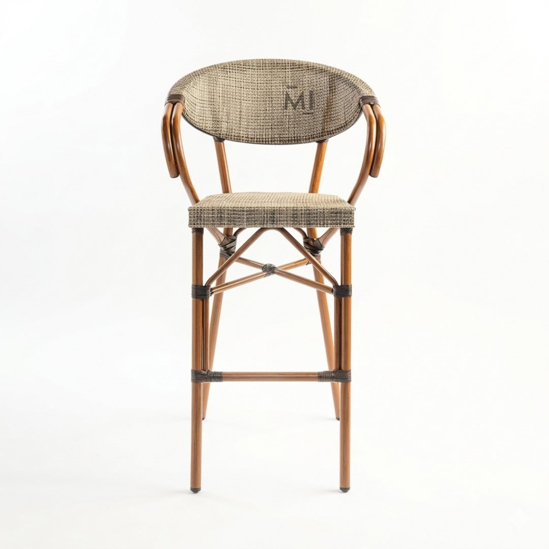 Modern cane style counter stool with fabric upholstery