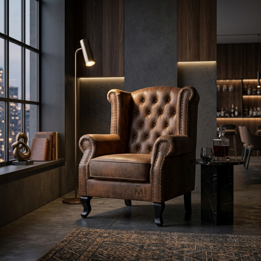 Vintage Chesterfield wingback chair with tufted leather upholstery