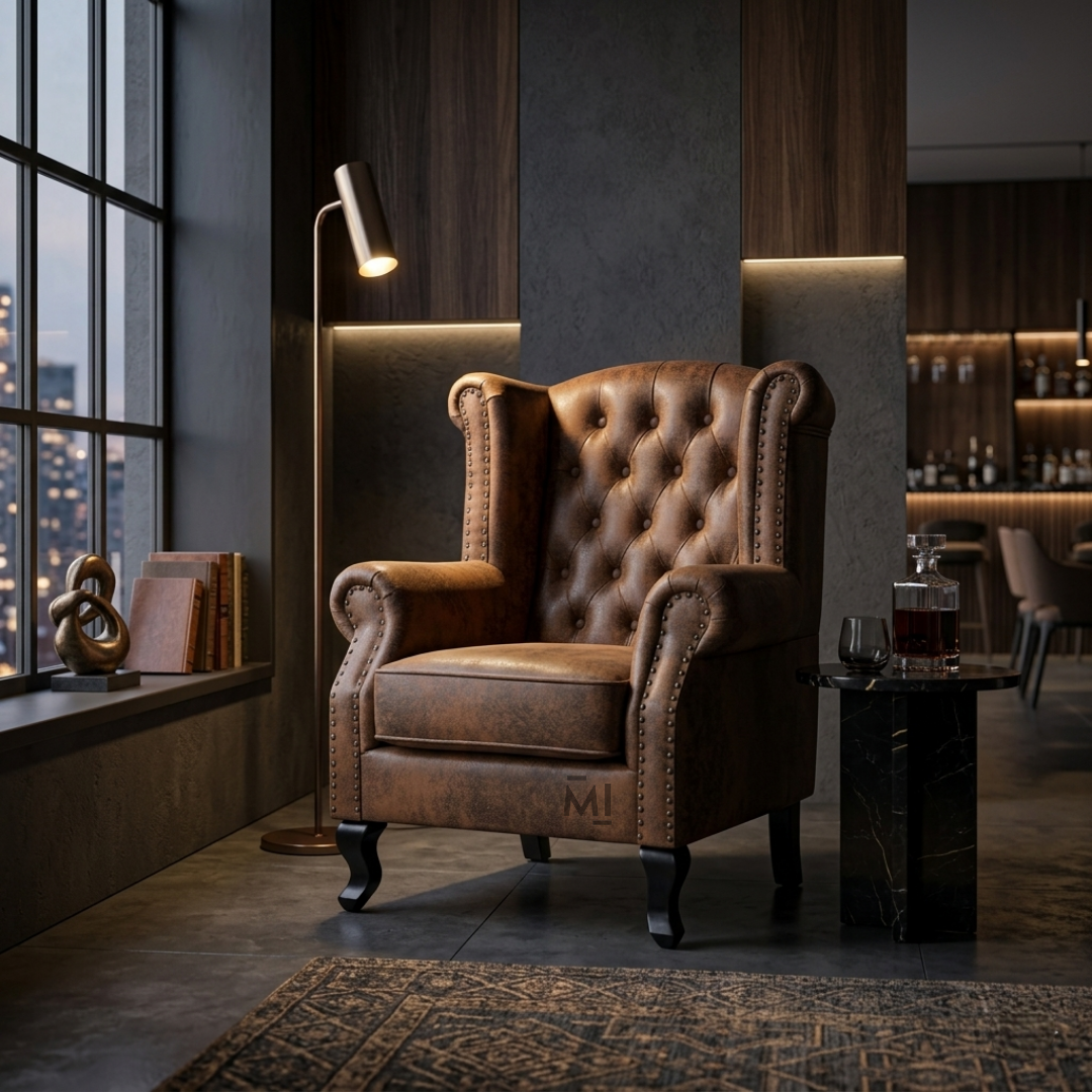 Vintage Chesterfield wingback chair with tufted leather upholstery