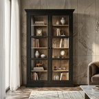 black wooden glass display cabinet with decor
