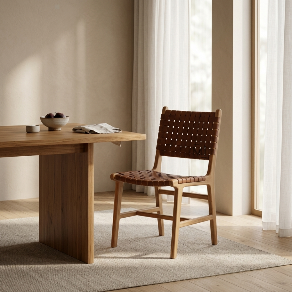 Wooden dining table with a chair in a bright room with large windows.