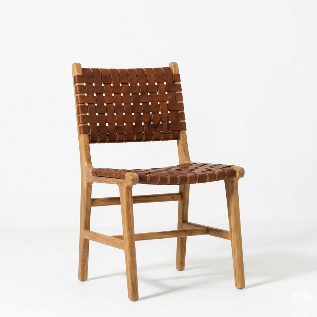 Wooden chair with woven backrest and seat on a white background