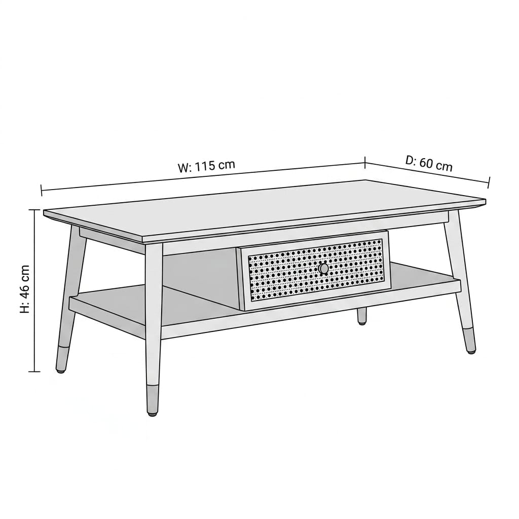 Averra Cane Coffee Table with Drawer & Shelf | Modern Wooden Living Room Center Table