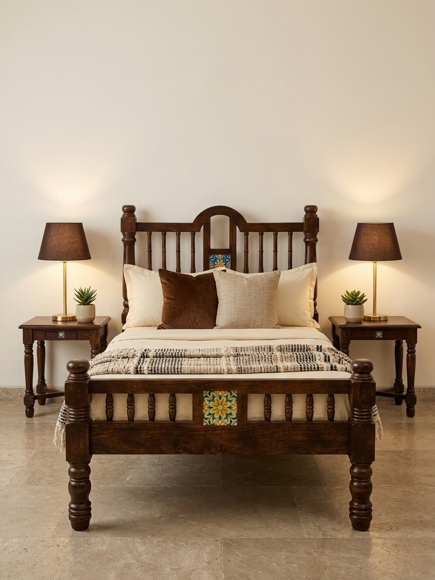 Zavon heritage wooden bed queen size solid wood bed for bedroom in India