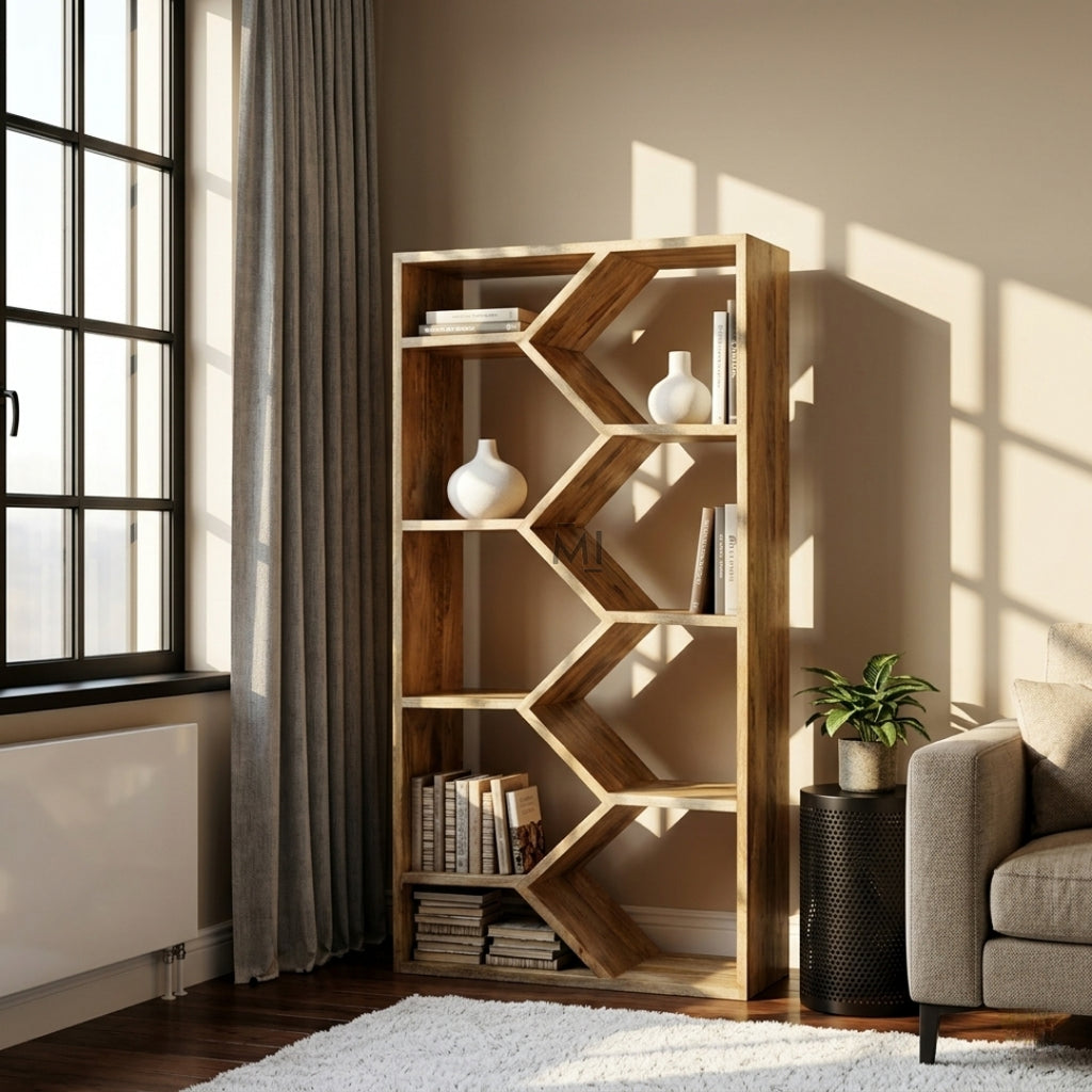 Wooden bookshelf with geometric design in a living room setting