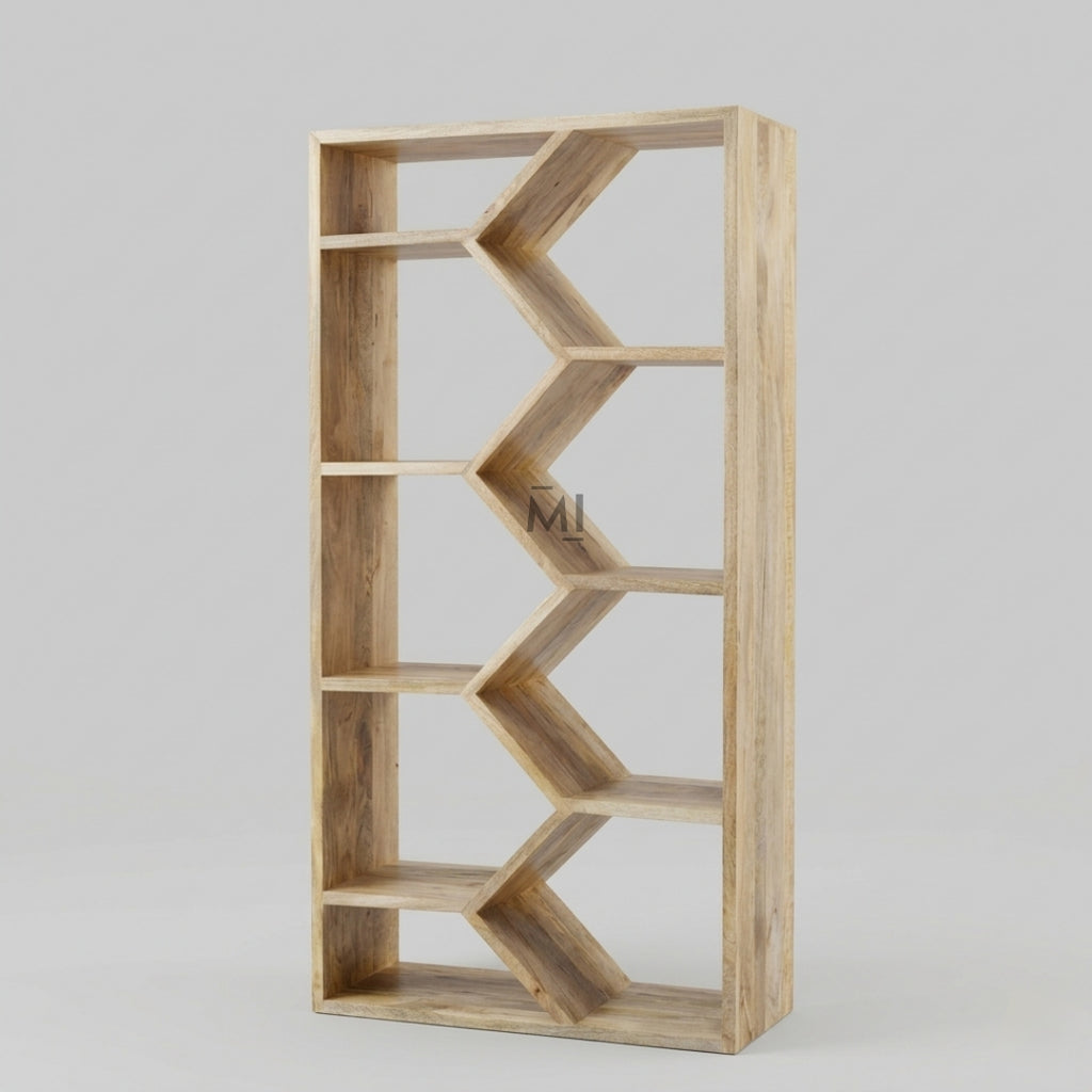 Wooden bookshelf with geometric design on a gray background