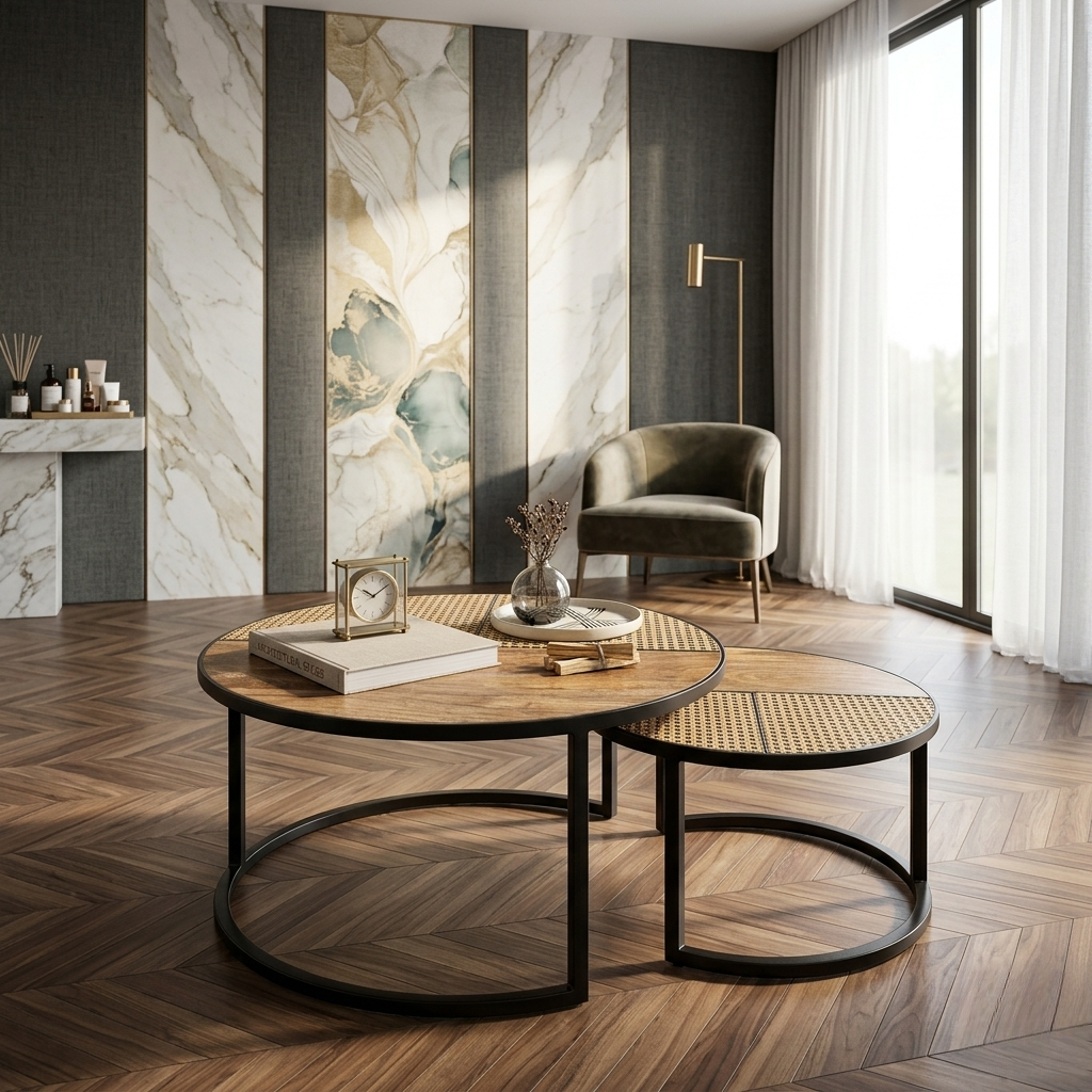 modern nesting coffee table set wooden cane metal frame round tables
