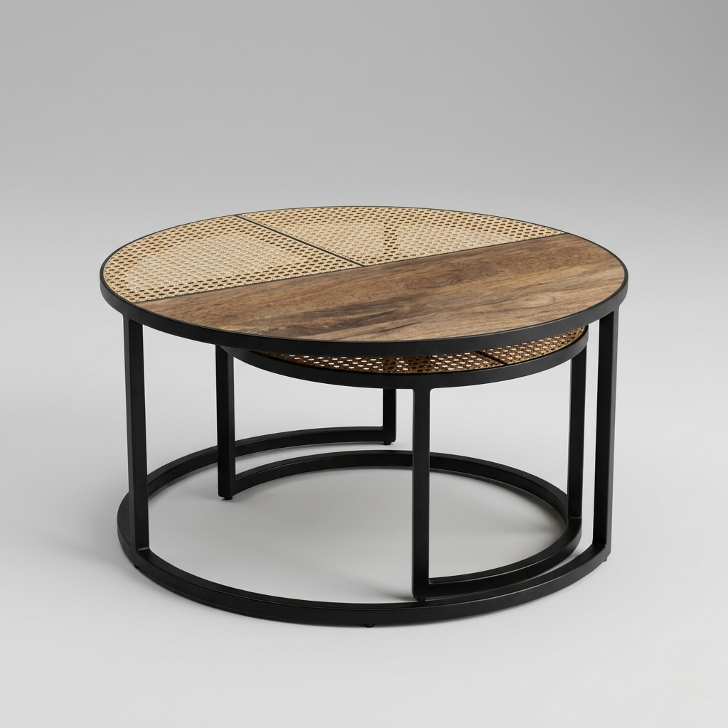 round nesting coffee tables set of 2 wooden top with cane design and metal base