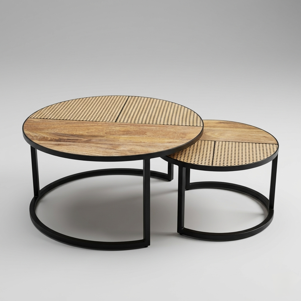 round nesting coffee tables set of 2 wooden top with cane design and metal base in jodhpur