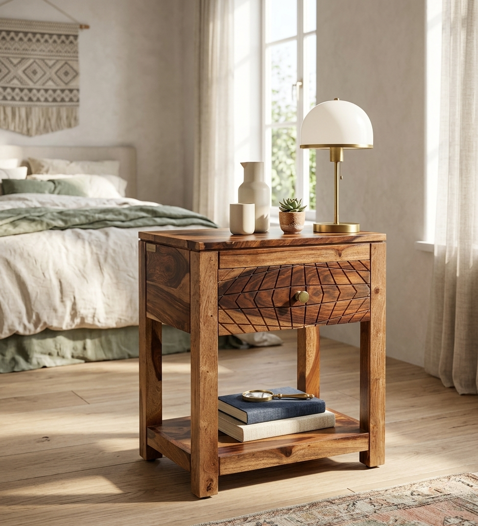 Modern solid wood bedside table with geometric drawer design and open shelf storage beside a contemporary bed
