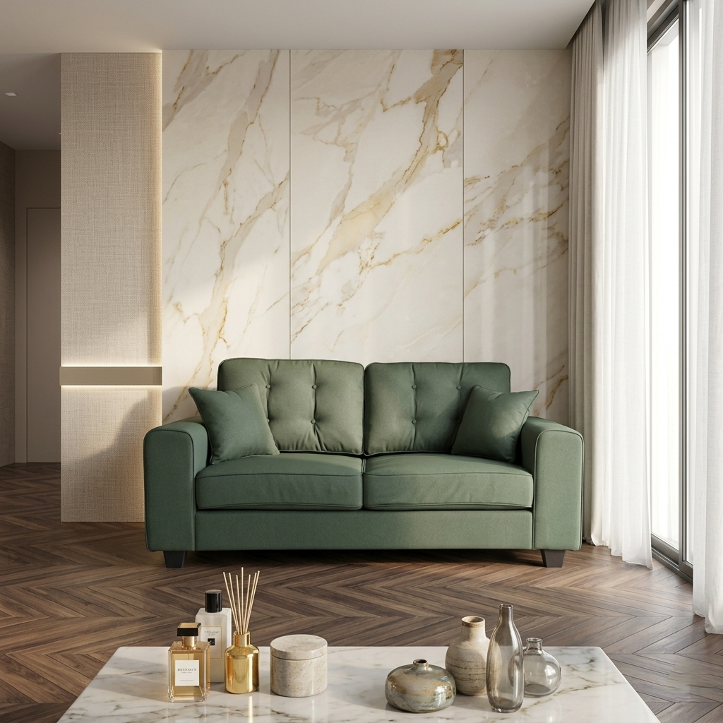 Zenvy fabric sofa modern 3 seater with cushioned backrest for living room in India