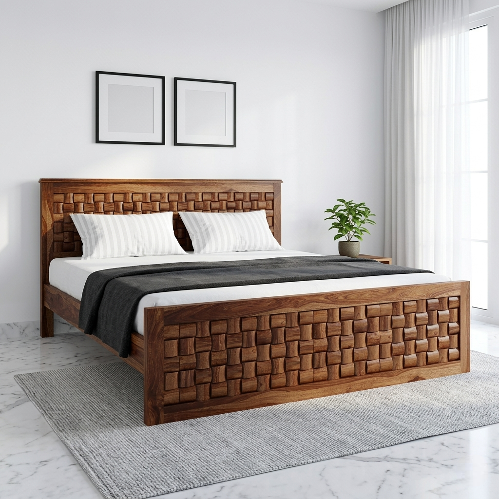Zyron textured wooden bed modern solid wood bed with textured design in India