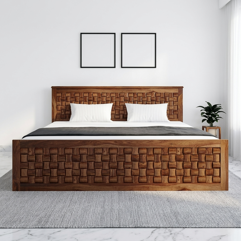 wooden bed with textured finish stylish bedroom furniture in Jodhpur India