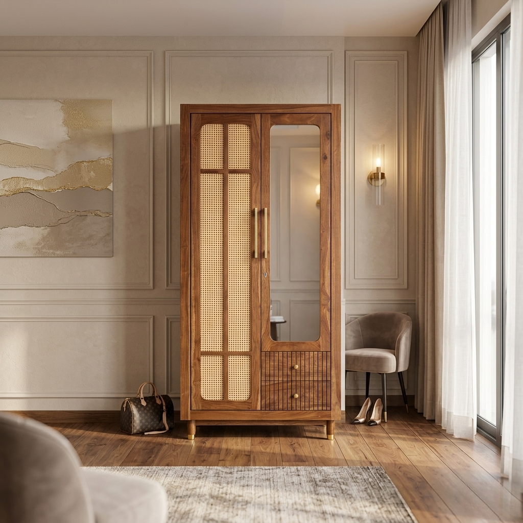 Avera cane wooden wardrobe with mirror solid wood furniture India