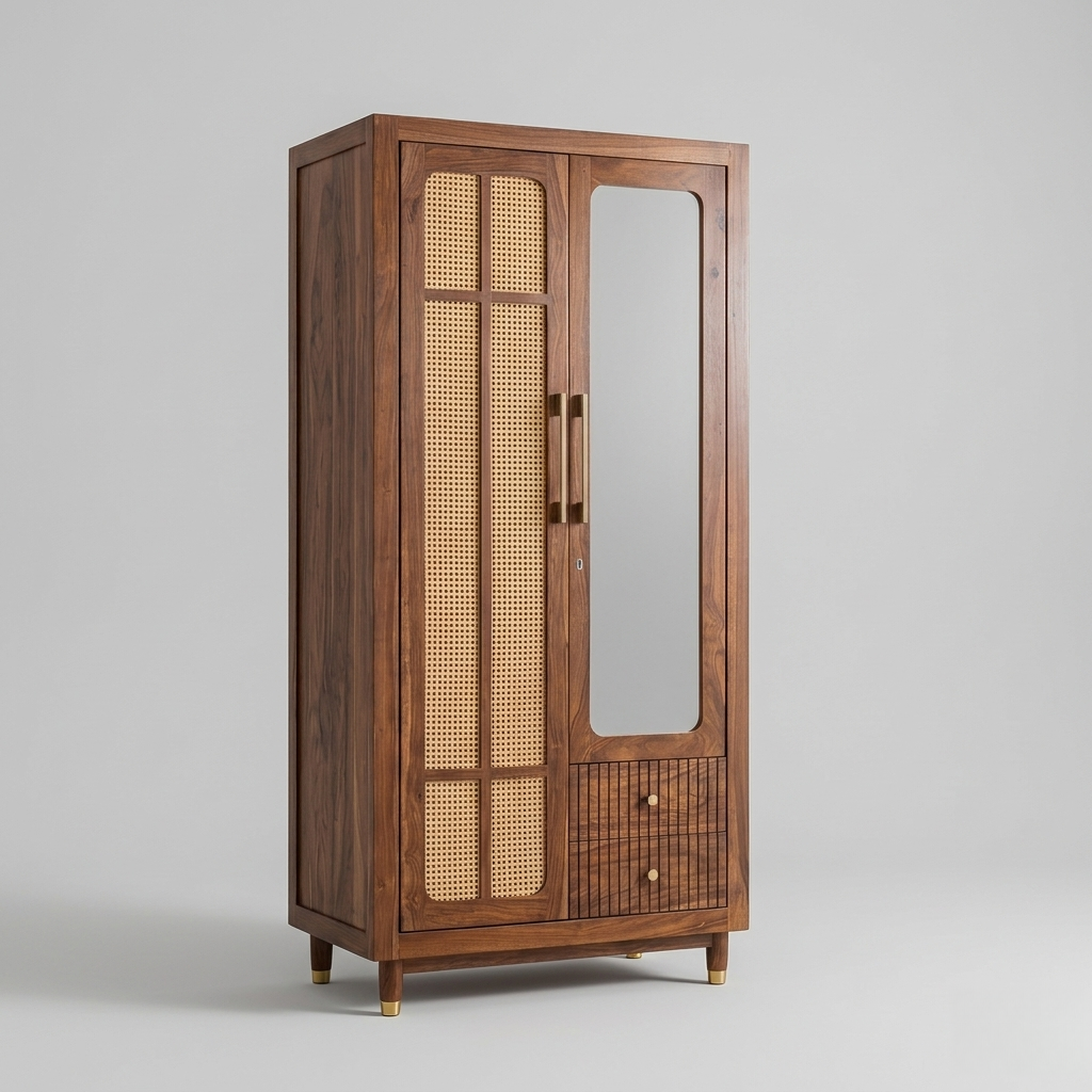 Wooden wardrobe with cane design and mirror Jodhpur furniture