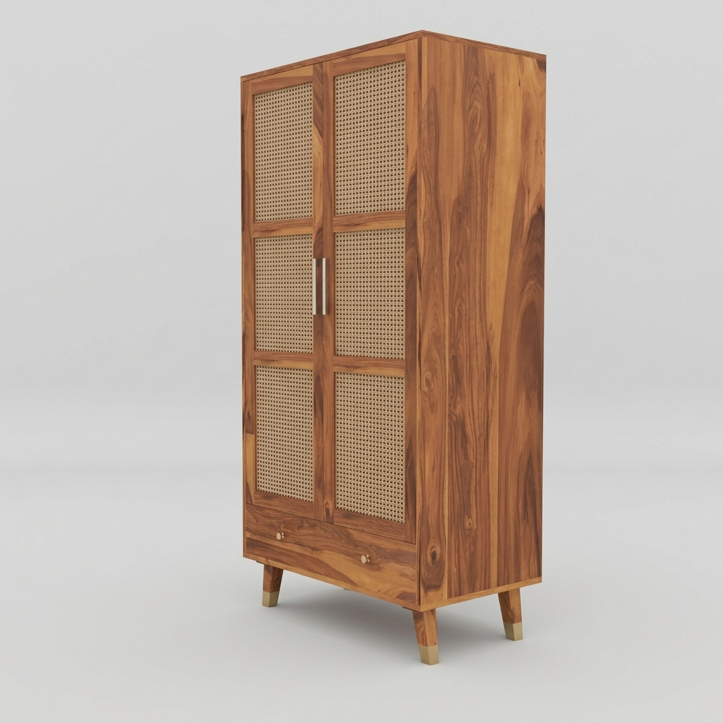 solid sheesham wood cane wardrobe storage cabinet for bedroom furniture in India